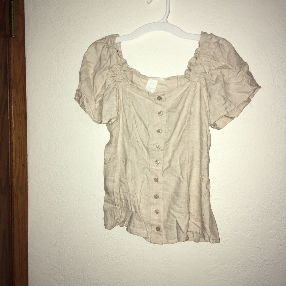 NWT tan linen button down short sleeve top size xxs - Picture 4 of 5